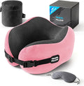Neck Pillow Travel Pillow - 100% Pure Memory Foam Airplane Pillow with Adjustable Clasp & Removable Cover, Portable Travel Essentials for Long Flights, Car & Office (Pink, with Eye Mask) by PEUJEW