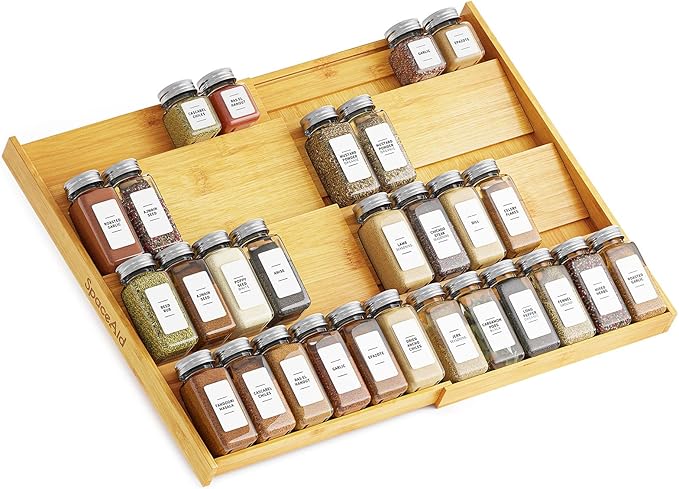 SpaceAid Bamboo Spice Drawer Organizer, (Need 3" Deep Drawer) Expandable 4 Tier Spices Rack for Cabinet, Kitchen Seasoning Storage Insert (Jars Not Included, From 12" to 23" Wide) by SpaceAid