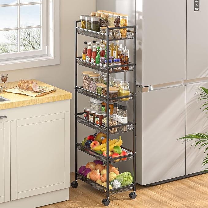 6 Tier Slim Rolling Storage Cart, Narrow Mobile Shelving Unit Organizer Utility Cart with Wheels, Metal Wire Storage Rack with Baskets for Kitchen, Bathroom, Laundry & Living Room, 10in(W) Black - Image 8