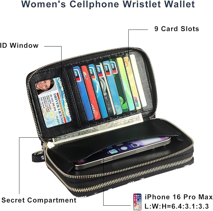 RFID Blocking Cellphone Wallet for Women with Wrist Strap, Double Zipper Travel Clutch Purse Large Capacity, Daisy - Image 3