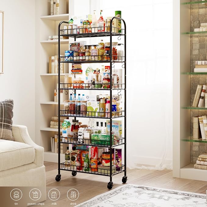 6-Tier Slim Storage Cart, Rolling Kitchen Cart with Wheels | Narrow Metal Shelf Organizer with Hooks for Kitchen, Bathroom, Living Room, Laundry, Small Spaces, Black, 10 in - Image 7