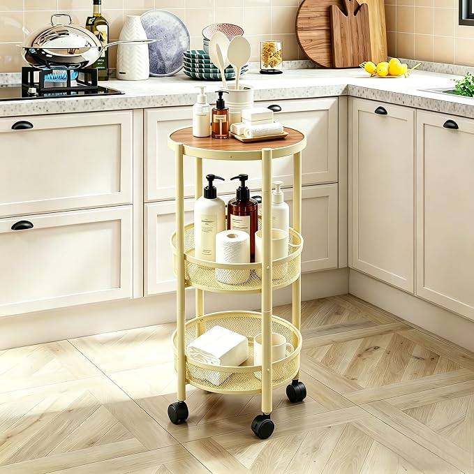 3-Tier Foldable Rolling Cart, Collapsible Metal Utility Cart with Wheels, Assembly-Free, Round Storage Organizer Trolley for Kitchen, Bathroom, Dorm, Nursery-Light Yellow - Image 2