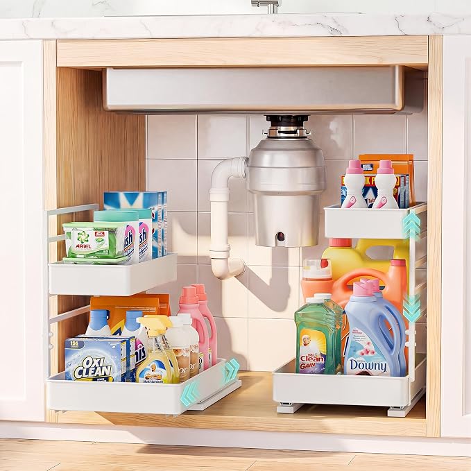 EVERIE Height Adjustable 2 Tier Metal Pull Out Slide Shelf Organizer for Framed or Frameless Under Sink Cabinets in Kitchen, Bathroom, with Snap-on Top Tray (White, 2 Sets) by EVERIE