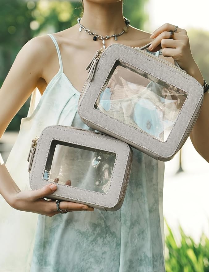 Clear Makeup Bag Set 2 Pack Travel Cosmetic Case Toiletry Bag with Zipper Make Up Case Traveling, Stone, Medium and Large - Image 4