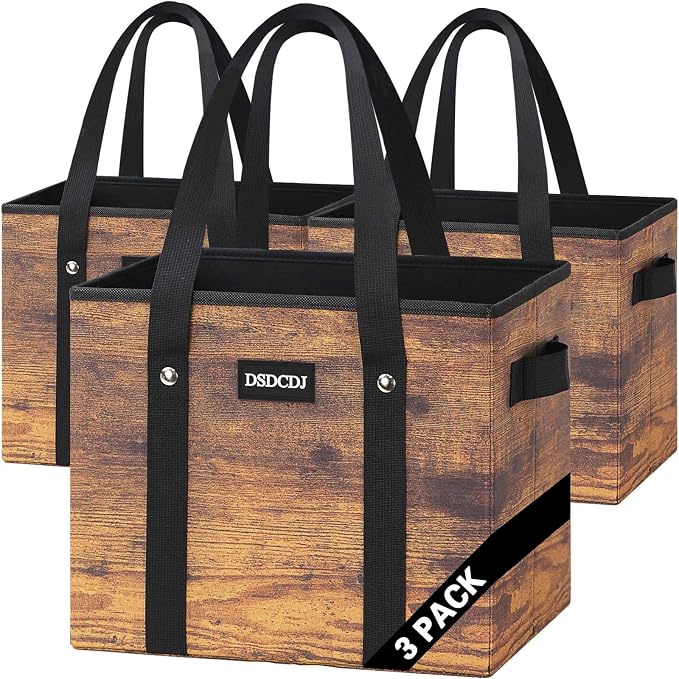 Reusable Grocery Bags - Heavy Duty Reusable Shopping Bags with Hard Bottom & Long Handles, Foldable Large Utility Tote Bag with Box Shape to Stand Up - for Kitchen, Picnic, 3 Pack, Rustic Brown by DSDCDJ