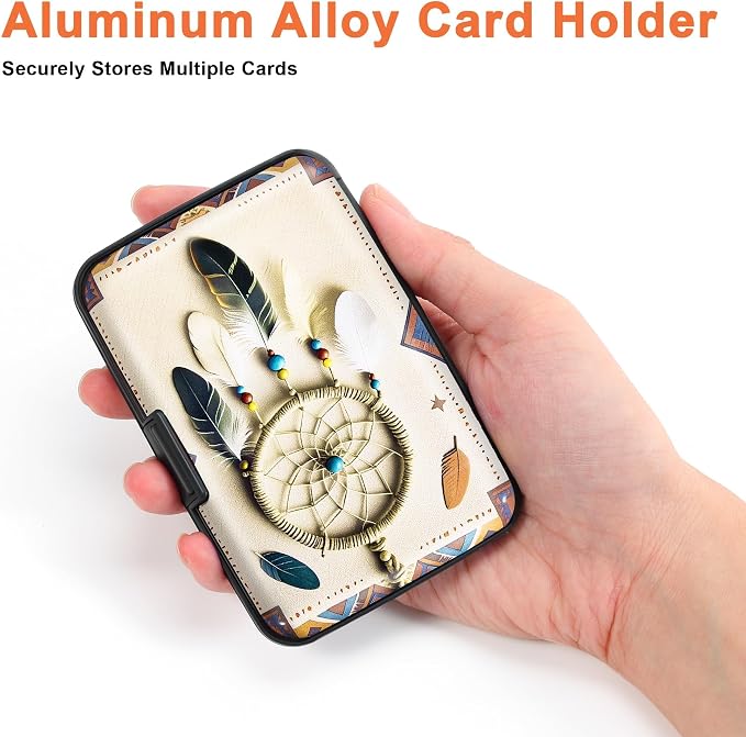 Mayski Credit Card Holder for Women RFID Blocking Wallet, Boho Feathers | Card Wallets for Women Small Mini Business Metal Accordion Aluminum Alloy Hard Case for Men - Image 3