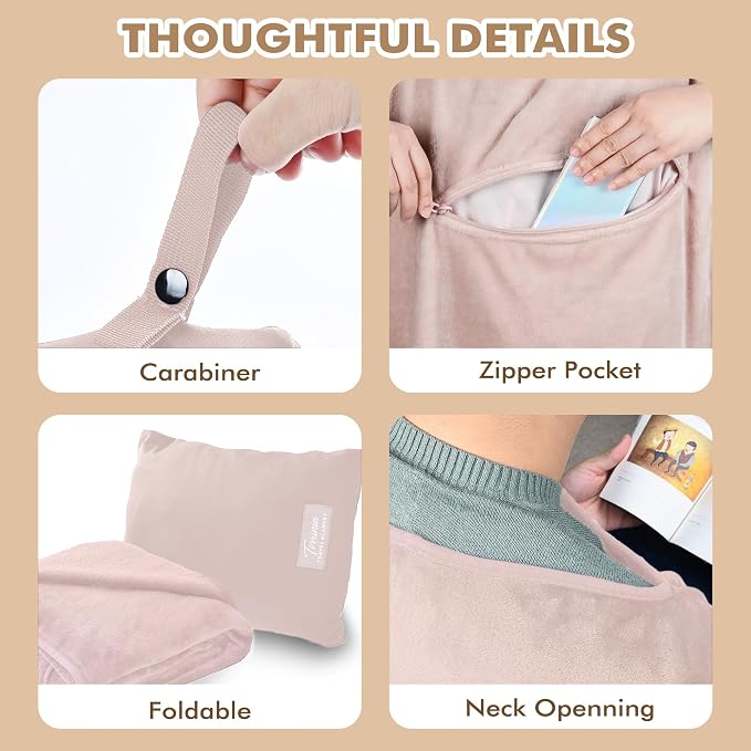 Tirrinia Travel Blanket Airplane Office Poncho 4 in 1 Premium Cozy Fleece Portable Poncho Blankets with Built-in Bag, Pocket - Image 5