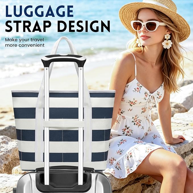 Large Canvas Tote Bag for Women, Beach Bag with Zipper, Utility Tote Bag with 3 Front Pockets, Weekender Pool Bag - Image 5
