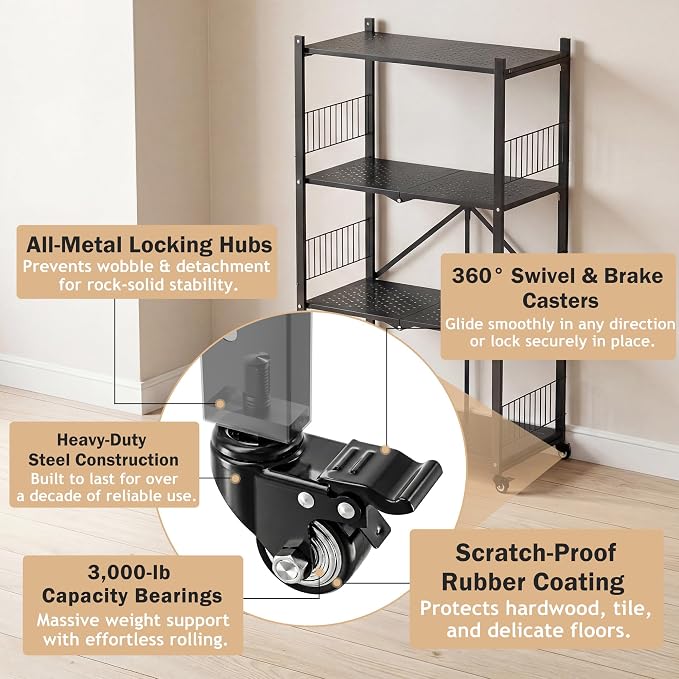 Folding Storage Shelves, 4-Tier Metal Foldable Shelf Shelving Rack Organizer On Rolling Wheels in Kitchen Warehouse Patio Pantry Garage Collapsible Shelves No Assembly (Black, 4-Layer) - Image 5