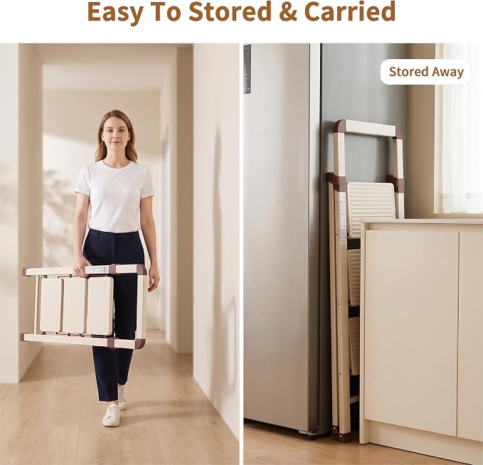 Step Ladder 3-Step White Finish Folding Ladders | Anti-slip Sturdy Foldable Ladder Step Stool for Kitchen Home Office Libaray - Image 7