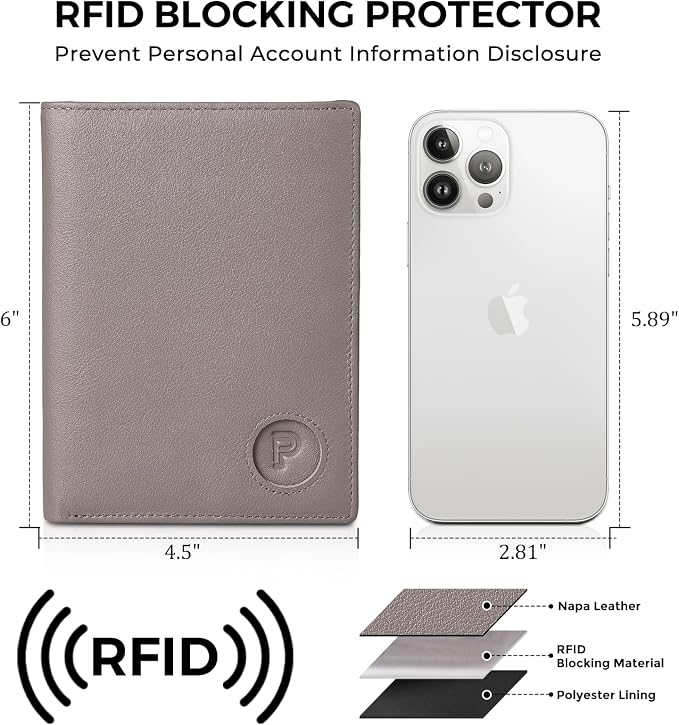 Polare Leather AirTag Passport Holder RFID Blocking Travel Bifold Wallet | Luxury Napa Cowhide Leather, AirTag Slot, Vintage Passport Cover Case, International Travel Wallet, Grey - Image 3