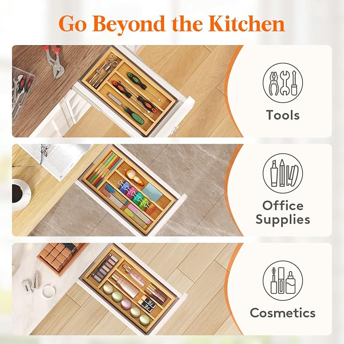 Lifewit Silverware Drawer Organizer, Wooden Utensil Tray for Kitchen | Flatware and Cutlery Holder, Adjustable Storage for Spoons Forks Knives, 6.9 x 12.8", Natural - Image 9