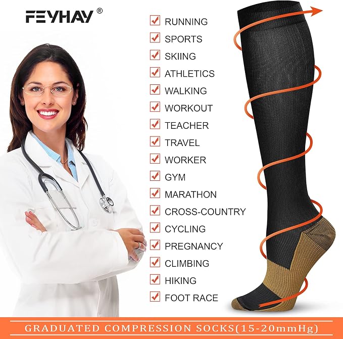FEYHAY Copper Compression Socks (8 Pairs) 15-20 mmHg Circulation is Best Athletic & Daily for Men & Women, Running, Climbing - Image 6
