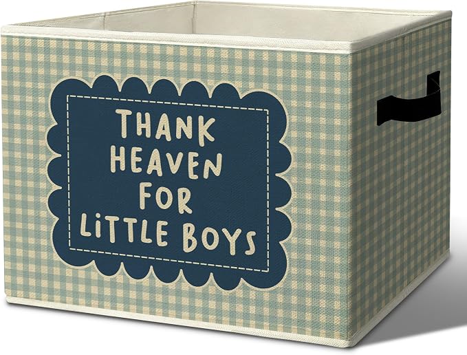Rustic Thank Heaven for Little Boys Storage Bins Boxes with Handles | toys books clothes,blue checkered nursery foldable basket for organizing bedroom toddler room playroom by Unknown