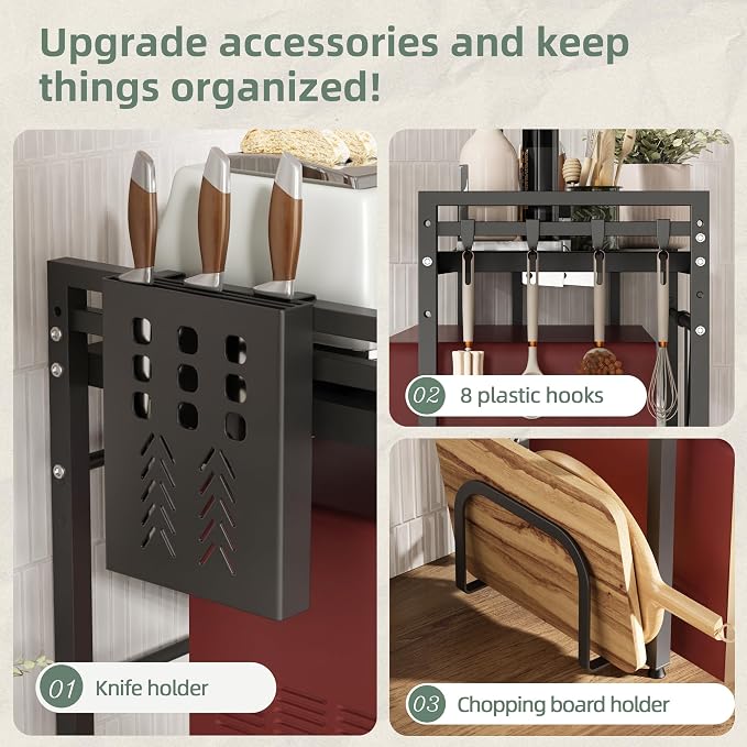 2 Tier Expandable Microwave Stand countertop,Microwave Oven Rack | microwave shelf with Cutting Board Holder and Knife Holder, storage shelves for pans &appliances,8 Hooks,55lbs max load,Black - Image 4