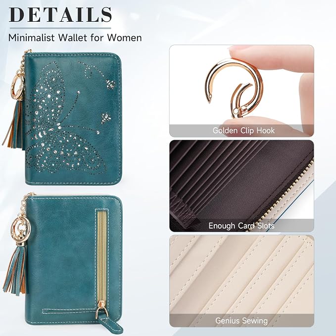 KITEVIUN Women RFID Blocking Small Bifold Wallet, Compact Cash Clutch with Zipper Coin Pocket, Glittery Butterfly Design, Credit Card Holder, Travel Purse with Tassel PEACOCK-BLUE - Image 5