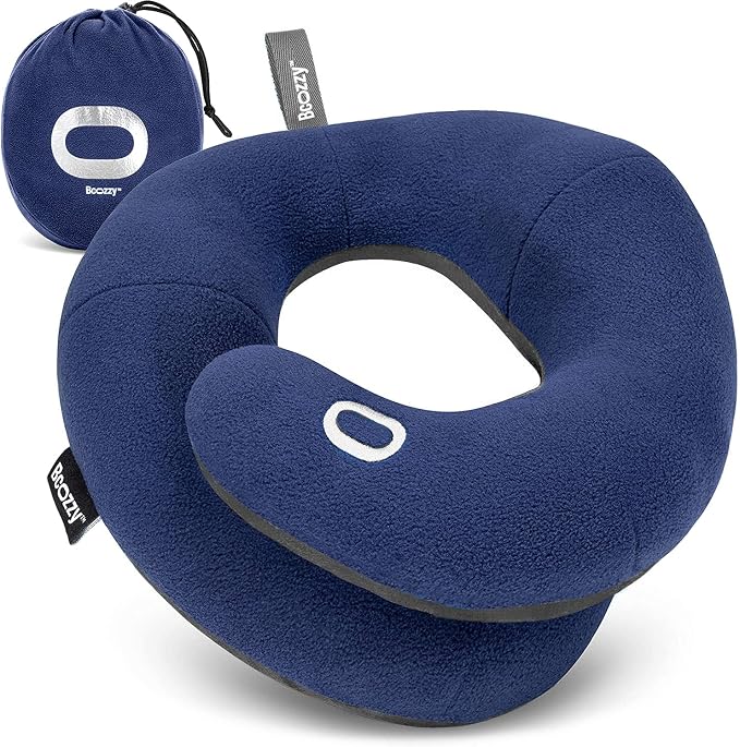 BCOZZY Travel Neck Pillow for Airplane – Patented Double Support for Head, Neck, and Chin. Best for Long Flights, Plane Sleeping & Car Rides. Adjustable Size. Fully Washable. Carry Bag. X-Large, Navy by BCOZZY