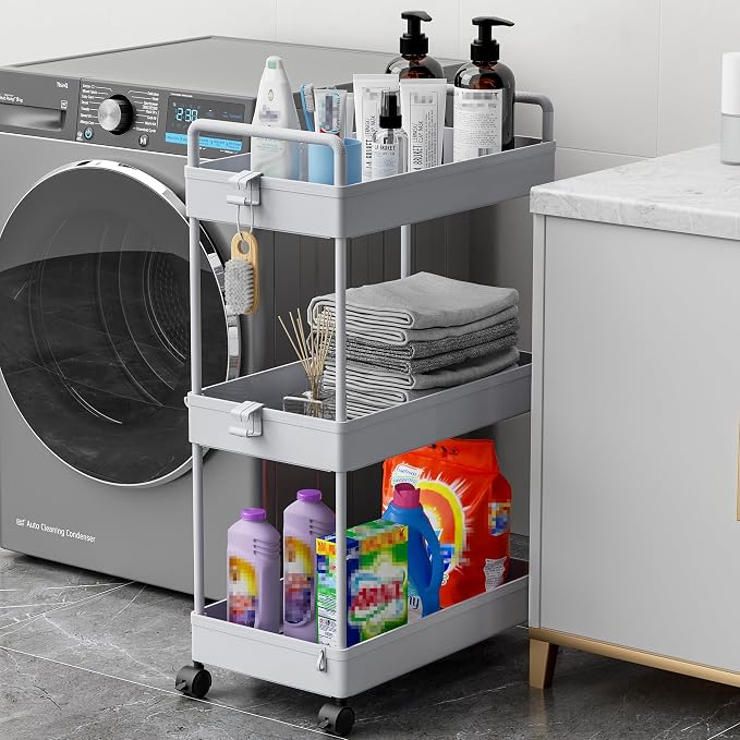 Ronlap 3 Tier Slim Rolling Storage Cart with Wheels Utility Organizer, Grey | For bathroom, laundry, kitchen, bedside & dorm. Fits art, craft, snack, makeup, nail, diaper & postpartum baby supplies - Image 4