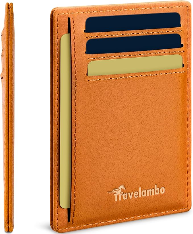 Travelambo 100% Genuine Leather Wallet for Men and Women, Slim Minimalist RFID Blocking Front Pocket Credit Card Holder with Gift Box(Brown 02) by Travelambo