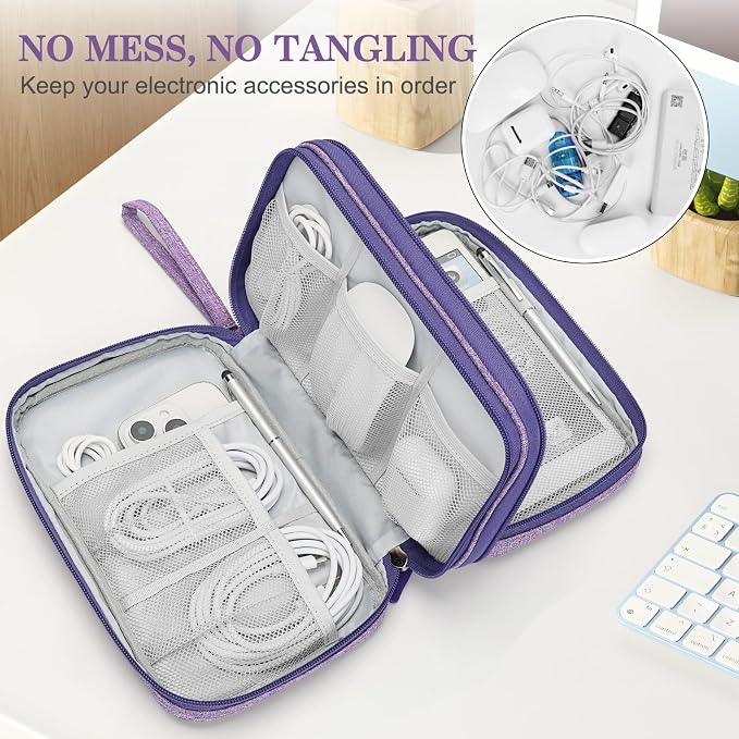 FYY Electronic Organizer, Travel Tech Pouch Bag, Large, Dark Purple | Wrist Strap, Waterproof, Double Layers Portable Electronics Travel Carrying Case for Cord, Charger, Daily Business Trips Use - Image 5