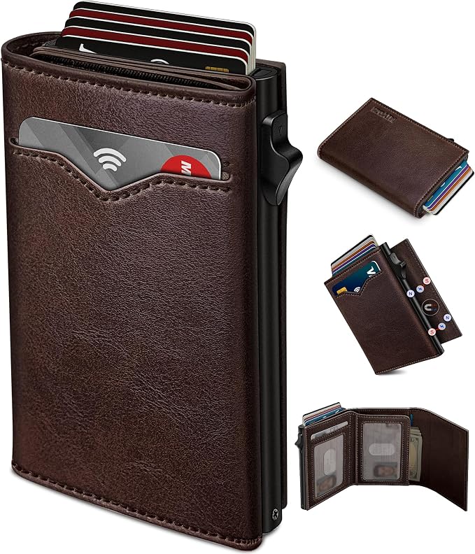 Wallet for Men,with Cash Pocket 2 ID Window 9-13 Cards,Metal Case Smart Slim Pop Up Credit Card Holder Flip with Magnetic Closure RFID Blocking Trifold wallet with Gift Box by Miyozi