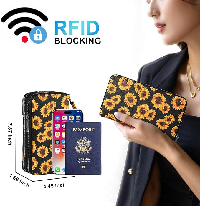 RFID Wallet for Women with Cellphone Pocket - Double Zipper Wristlet Purse Large Capacity, 17 Card Slots, Coin Pocket, Sunflower Print - Image 2