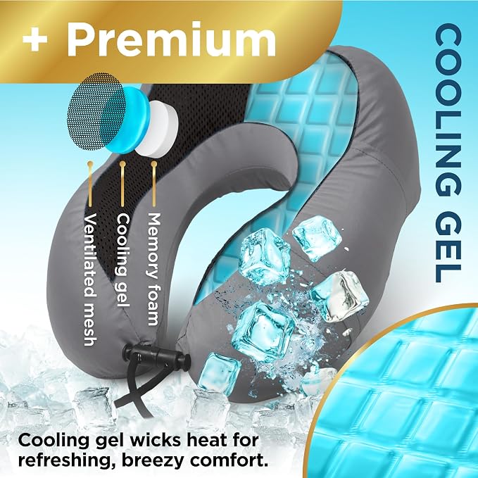 BLACK+DECKER Cooling Gel Memory Foam Neck Pillow – Travel Pillow for Plane, Car & Train – Ergonomic Neck Support, Slow Rebound Memory Foam, Washable Cover, Universal Fit, Grey - Image 2