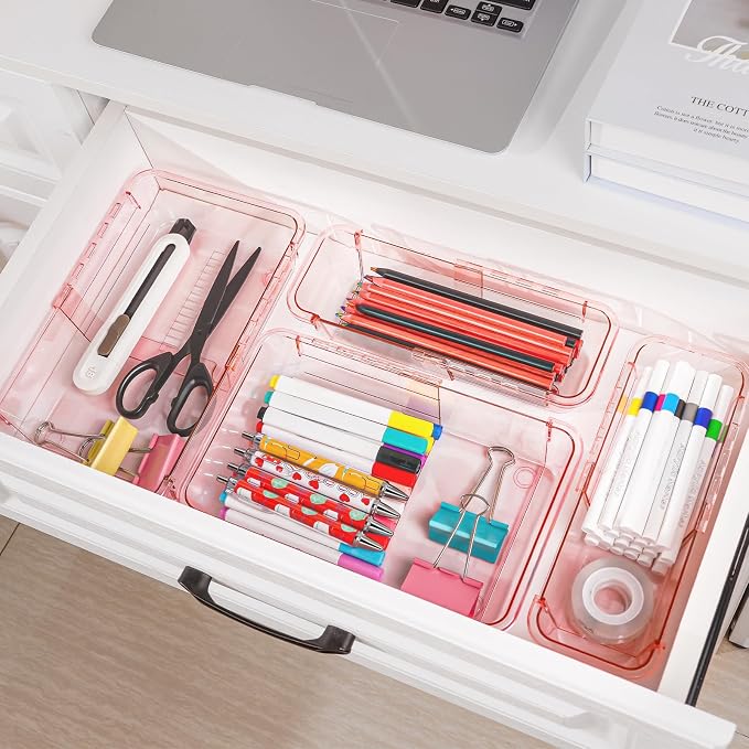 25 Pcs Clear Drawer Organizer, Adjustable Drawer Storage Box, 3-Size Desk Drawer Organizer, Acrylic Storage Bins for Makeup, Kitchen Utensils, Bedroom Dressers Tool Organizer for Gadgets, Pink - Image 5