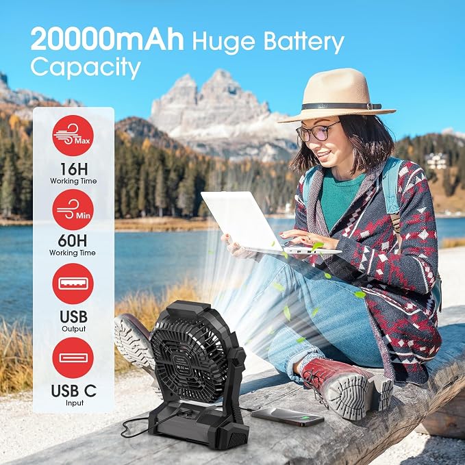 Portable Fan Rechargeable 20000mAh Cordless Battery Powered Camping Fan | with LED Lantern, Small Table Fan, USB Battery Operated Fans for Travel Bedroom Home Camping Tent Office Beach Desk Black - Image 2