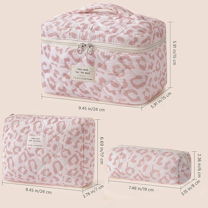 HBselect Quilted Makeup Bag, 3Pcs Cotton Large Travel Makeup Bags Organizer | Cute Floral Make up Bag Cosmetic Bag Toiletry Bag for Women Girls, Makeup Pouch for Skincare, Brushes & Travel Essentials - Image 6