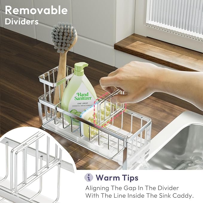 SWTYMIKI Sponge Holder for Kitchen Sink - Sink Caddy with Brush Holder Self-draining Sponge Caddy Organizer with Divider Stainless Steel Kitchen Accessories Storage for Countertop, Silver - Image 5