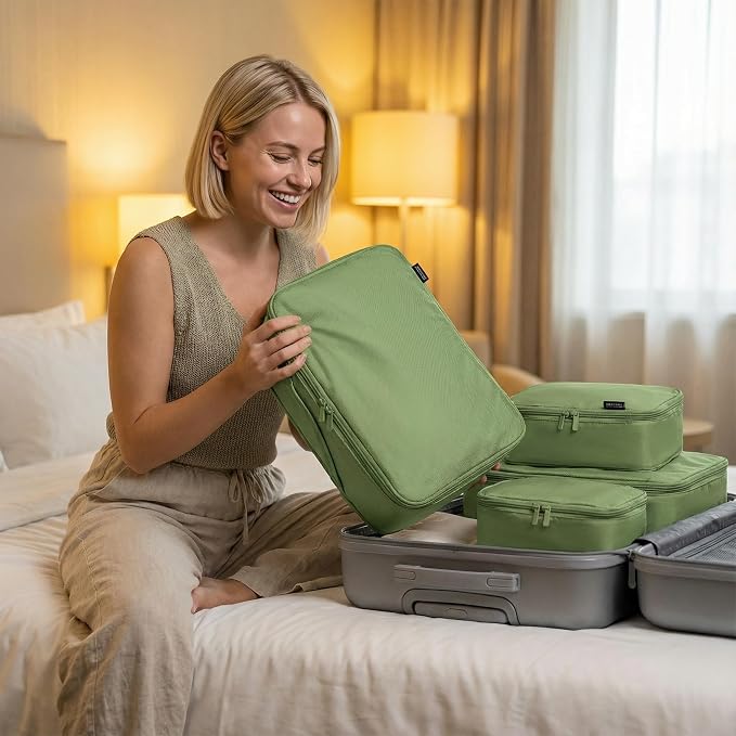 6 Set Compression Packing Cubes for 7–14 Day Travel, Forest Green | Nylon Oxford Fabric, Full Breathable Mesh, Reinforced Double-Zipper, Small to Large Size Bag, Expandable Packing System - Image 4