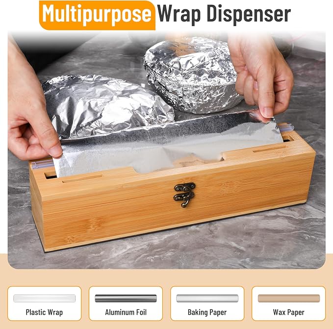 Allinside Magnetic Plastic Wrap Dispenser with Cutter and Labels, Aluminum Foil Holder, Wax Paper Storage Box for Refrigerator, Kitchen Bamboo Organizer Compatible with 12.9" Roll (1 Layer) - Image 4