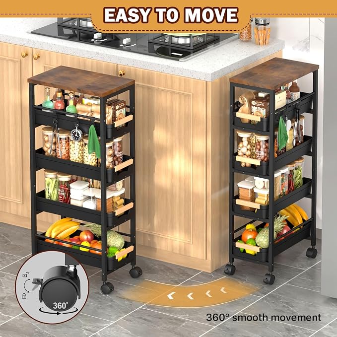 SUNALLY Slim Storage Cart with Wheels, Narrow Kitchen Rolling Cart, Black | 5-Tier Skinny Rolling Cart with Wooden Top & Lockable Wheels, Storage Organizer for Bathroom, Laundry Room, Narrow Space - Image 4