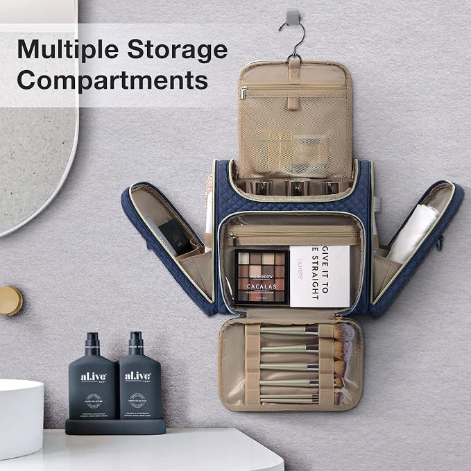BAGSMART Women's Travel Toiletry Bag, Water-resistant Roomy, Navy Blue | Cosmetic Makeup Bag, Door Room Essentials Travel Organizer for Full Sized Toiletries and Cosmetics - Image 2