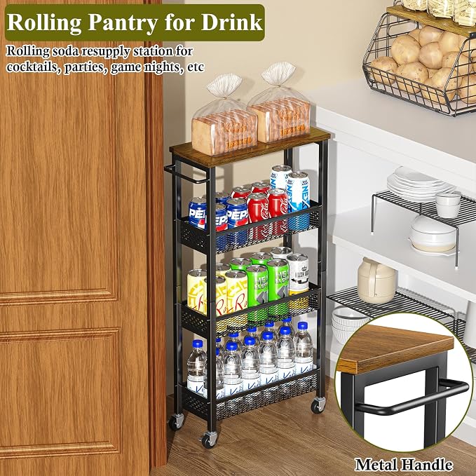 OKZEST 4-Tier Slim Rolling Storage Cart for Kitchen, Laundry Room, Bathroom | Upgraded metal hub casters, Narrow utility cart for small space/gaps, Premium wood top & metal mesh shelf, with handle & hook - Image 6