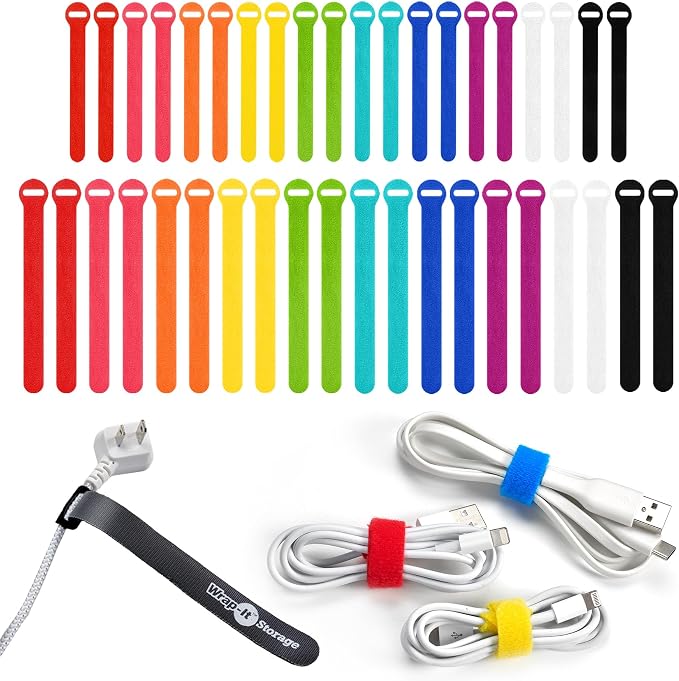 Self-Gripping Cable Ties by Wrap-It Storage - Assorted 40-Pack Multicolor | Reusable Hook and Loop Cord Keeper, Cable Wrappers for Cord Management and Home Office Desk Organization by Wrap-ItStorage