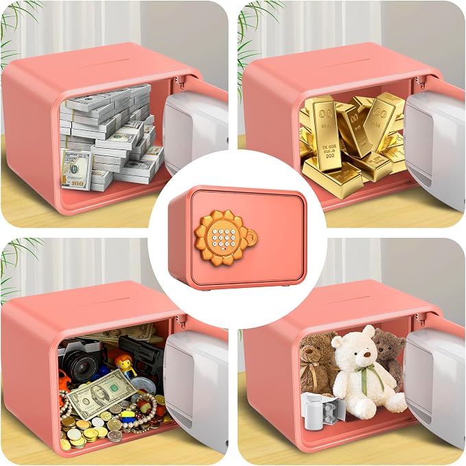 Pink Sunflower Mini Steel Safe with Auto Door & Coin Slot, Small Safe Box for Cash, Jewelry, Personal, Cosmetics & Goal Savings, for Kids, Teens & Renters, Home, Office, Hotel Use - Image 8