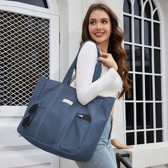 HOMESPON Large Canvas Tote Bag, Magnetic Work Laptop Pack for Women | Everything Bag, Multi Pockets, Internal Laptop Sleeve - Image 2