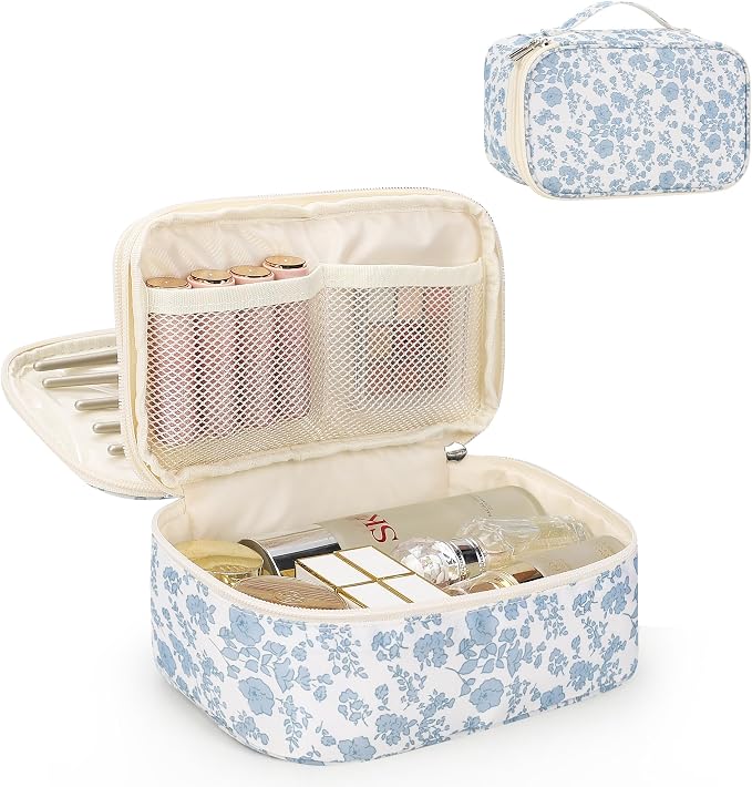 Relavel Travel Makeup Bag, Small Floral Cosmetic Bag with Makeup Brush Compartment, Portable Makeup Pouch for Women, Double Layer Makeup Organizer Bag Cute Toiletry Bag by Relavel
