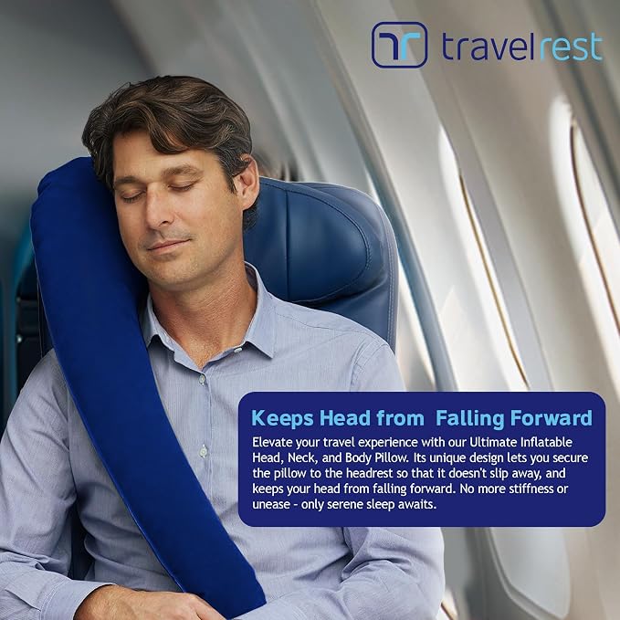 TRAVELREST Ultimate Travel Pillow & Body Pillow - Headrest, Auto, Bus, Train, Office Napping, Camping, Wheelchairs, Comfort and Support, Rolls Up, Straps to Airplane Seat & Car - Blue | Inflatable Travel Essential, Upper Compact Support, Sleeping Acces... - Image 2