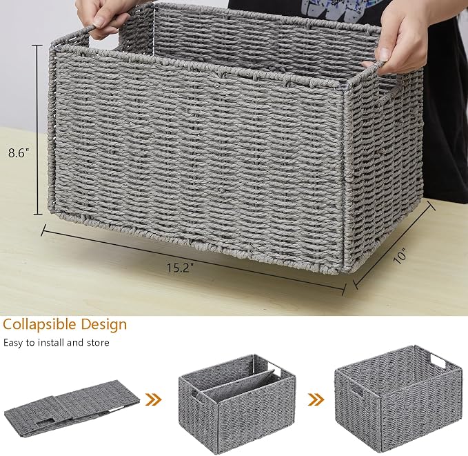 Wicker Storage Basket, Set of 2 Hand-Woven Paper Rope Wicker Basket, Small Storage Baskets for Organizing Toilet Paper Basket, Foldable Large Cube Storage Organizer Bins for Shelves (Grey) - Image 2