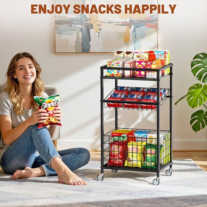 Fruit Vegetable Cart, 3-Tier Snack Cart on Wheels & Wood Top, Black | Vegetable Rack For Kitchen, Kitchen Cart Organizer for Fruit, Vegetables, Potato, Snack - Image 6