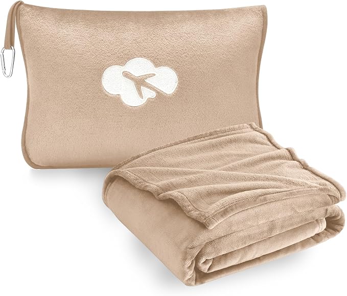 Travel Blanket and Pillow Compact, Premium Soft 2 in 1 Airplane Blanket with Soft Bag Pillowcase，Hand Luggage Sleeve and Backpack Clip (Brown) by JungleStar
