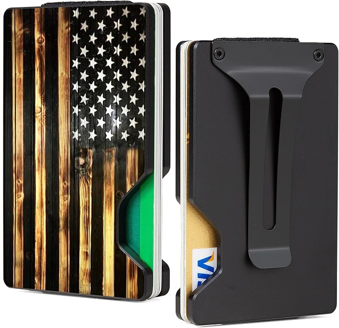 Minimalist Wallet for Men, Slim Metal RFID Blocking Wallet Credit Card Holder Money Clip & Cash Strap, Scratch-Resistant Holds 15 Cards,Ideal Gift for Men | Patriot-Wood Flag by Unknown