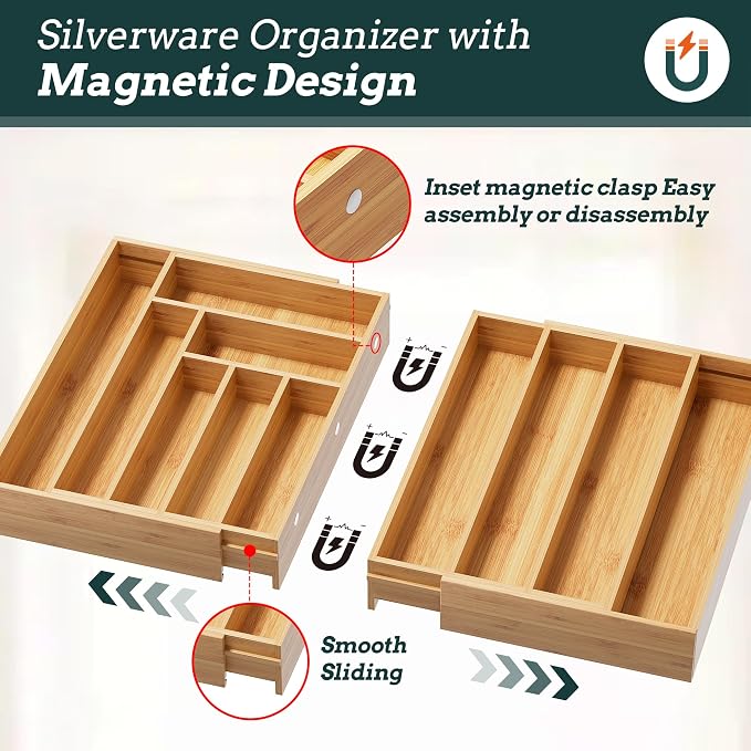 Bamboo Expandable Silverware Drawer Organizer, 11 Slots Utensil Holder | Magnetic Splice Design, Expandable 21-37.4 Inch, 11 Slots, Natural Bamboo, Large Capacity Kitchen Utensil Storage - Image 3