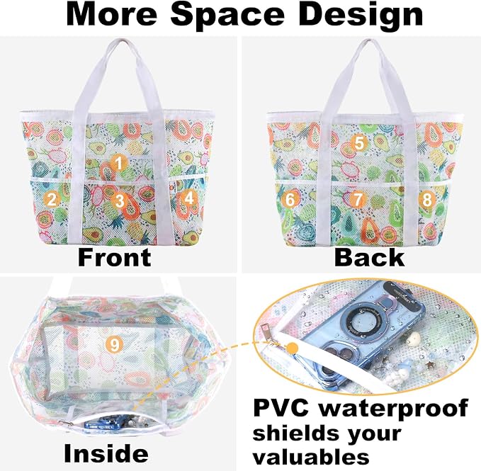 CaCTOUR Mesh Beach Bag,Large Beach Bags for Women with 8 Pockets,Packable Tote Bag for Beach Cruise Pool Vacation Essentials - Image 6