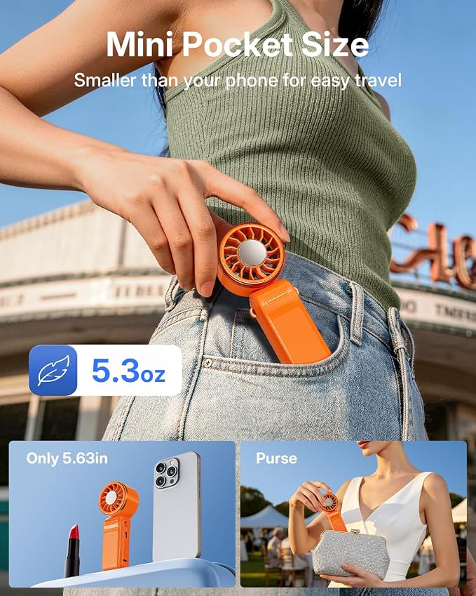 SWEETFULL Mini Portable Handheld Fan with Ice Cooling, 4000mAh Pocket Turbo Fan Rechargeable, 3 Speed, Lightweight Foldable Personal Hand Fan for Travel, Beach Vacation, Women Girls (Orange) - Image 5