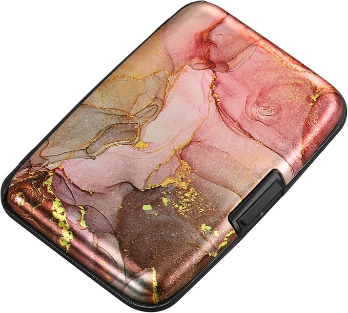 Mini RFID Aluminum Wallet Credit Cards Holder Business Card Case Metal ID Case for Men Women（Pink Grey Marble by ELFISH