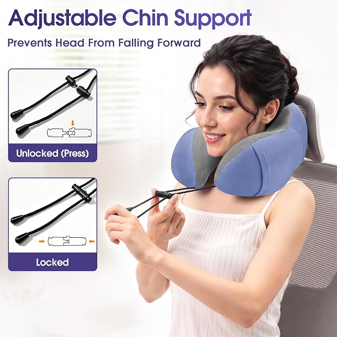 CloudBliss Travel Pillow for Airplanes, Memory Foam Neck Pillow Set, Blue | Travel Neck Pillow for Long Flight, Train, Car & Office, Plane Travel Accessories with Eye Mask, Earplugs, Storage Bag - Image 5